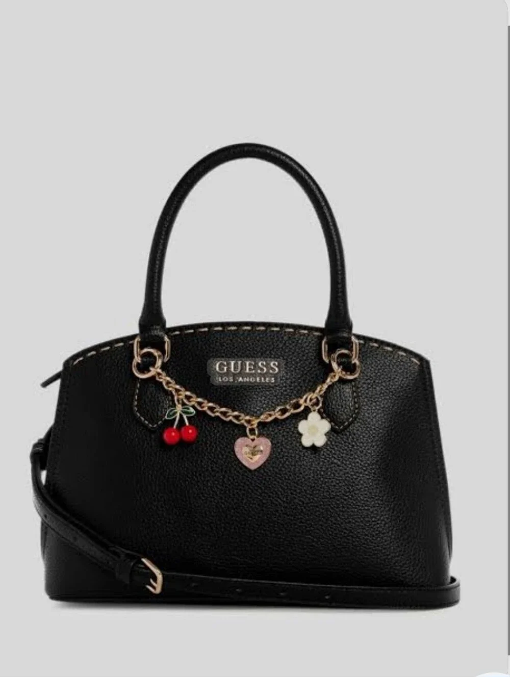 NWT GUESS Davina Charms Black Satchel Handbag with Gold Chain and Charm Accents